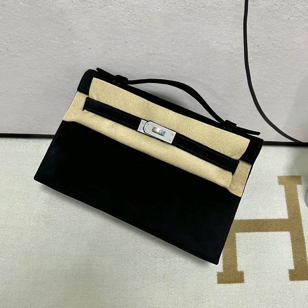 Hermès（爱马仕）Mini Kelly Pochette Suede 麂皮 Ck89 黑色 银扣 22cm 全手工蜡线缝制