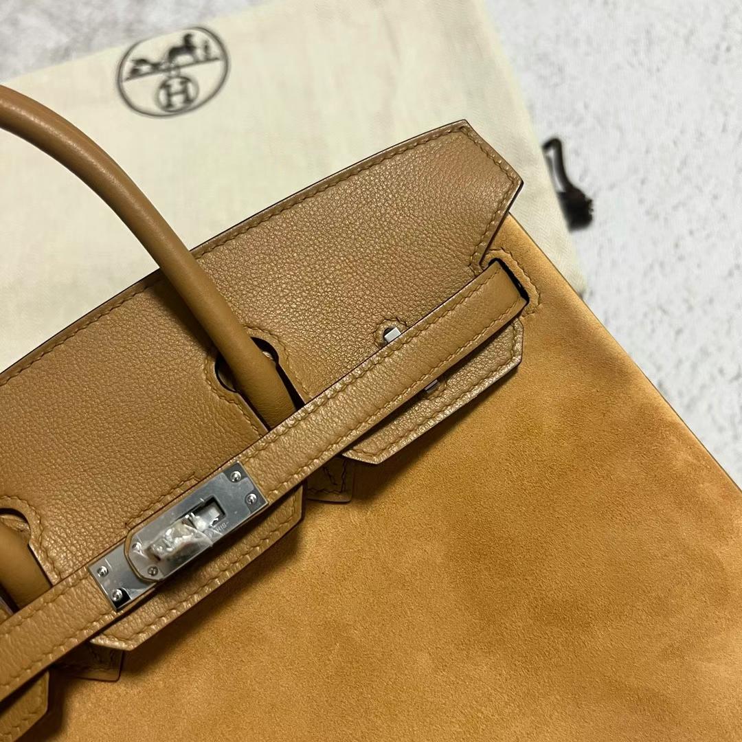Hermès（爱马仕）Birkin 铂金包 麂皮 拼 Swift皮 4B 饼干色 银扣 25cm 全手工蜡线缝制