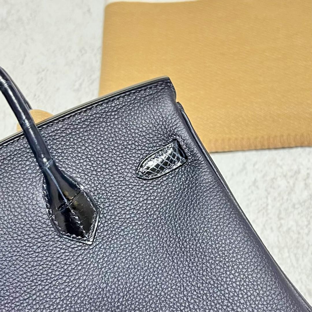 Hermès（爱马仕）Birkin Touch Togo 拼 亮面鳄鱼皮 深海蓝 银扣 25cm