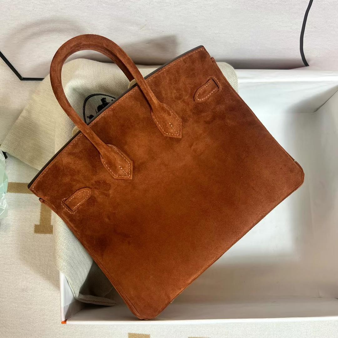 Hermès（爱马仕）Birkin 铂金包 进口麂皮 Suede 泰迪色 金扣 25cm 全手工蜡线缝制 Ghw