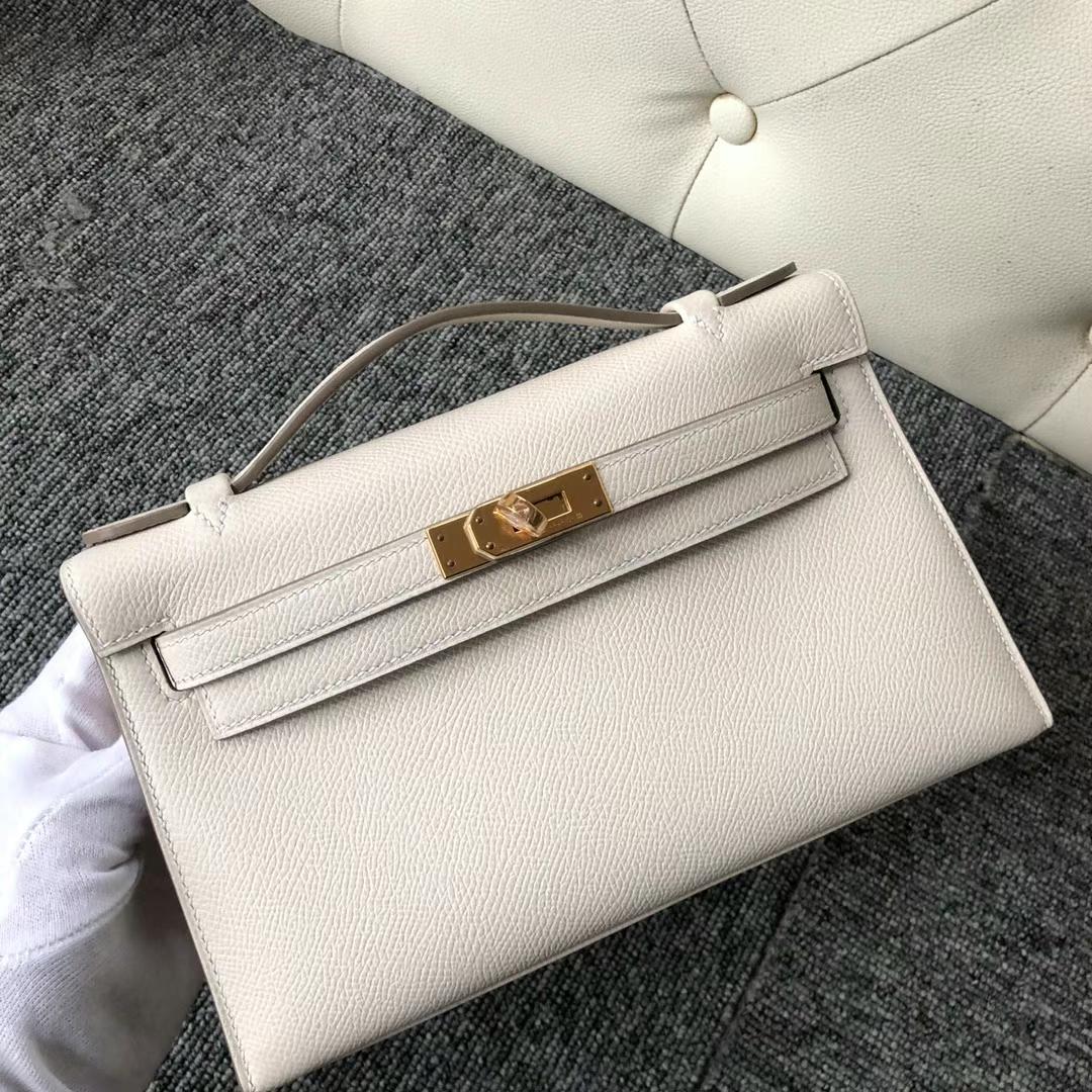 Hermès（爱马仕）Mini Kelly Pochette Epsom Ck10 奶昔白 金扣 22cm 全手工蜡线缝制 GHW