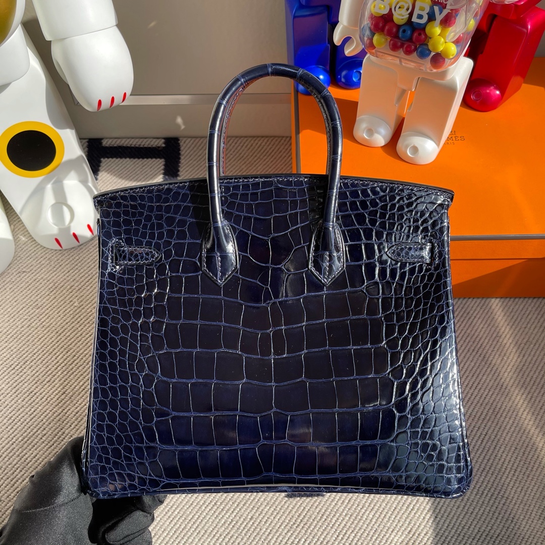 Hermès（爱马仕）Birkin 铂金包 Alligator shiny 亮面鳄鱼 7k 宝石蓝 Blue saphir 银扣 GHW 25cm 顶级手缝