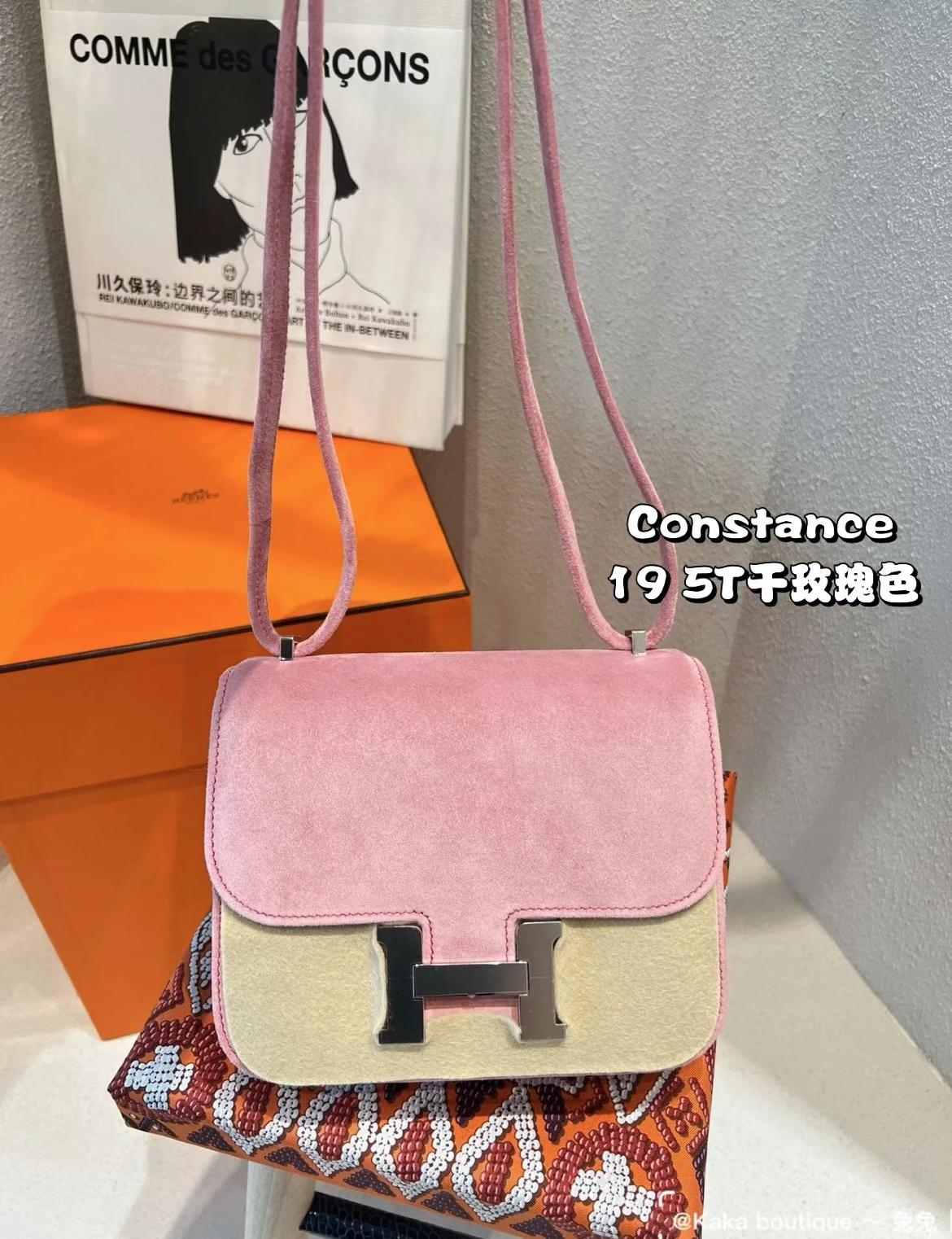 Hermès（爱马仕）Constance 康康 麂皮 Suede 5T 玫瑰粉 银扣 19cm 全手工缝制