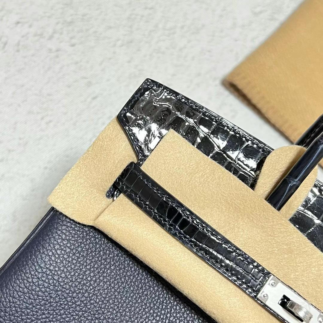 Hermès（爱马仕）Birkin Touch Togo 拼 亮面鳄鱼皮 深海蓝 银扣 25cm