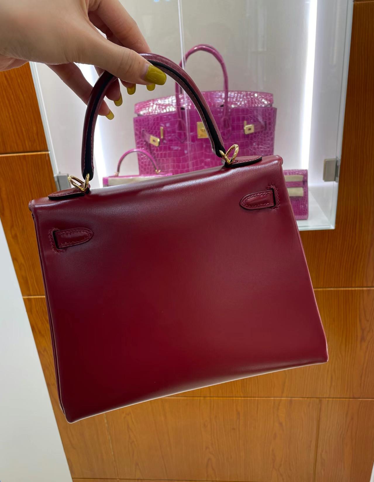 Hermès（爱马仕）Kelly 凯莉包 内缝 Box 酒红色 金扣 25cm 全手工蜡线缝制 Ghw