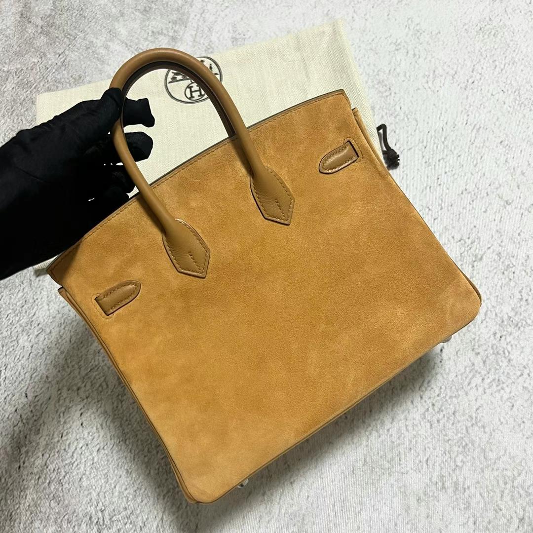 Hermès（爱马仕）Birkin 铂金包 麂皮 拼 Swift皮 4B 饼干色 银扣 25cm 全手工蜡线缝制