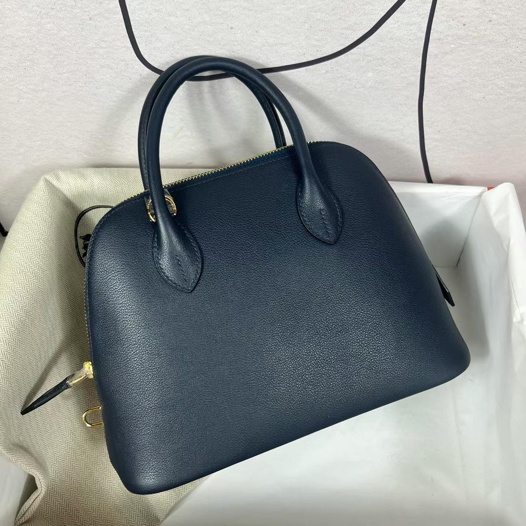 Hermès（爱马仕）Bolide 保龄球包 Evercolor 2z 午夜蓝 金扣 25cm 全手工蜡线缝制 Ghw