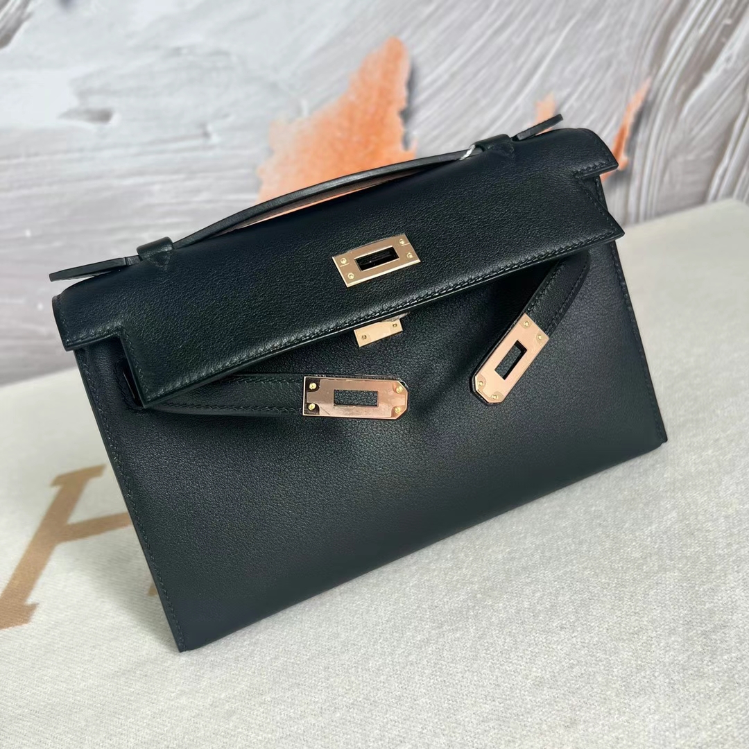 Hermès（爱马仕）Mini Kelly Pochette Swift皮 Ck89 黑色 玫瑰金扣 22cm 全手工蜡线缝制 Rghw