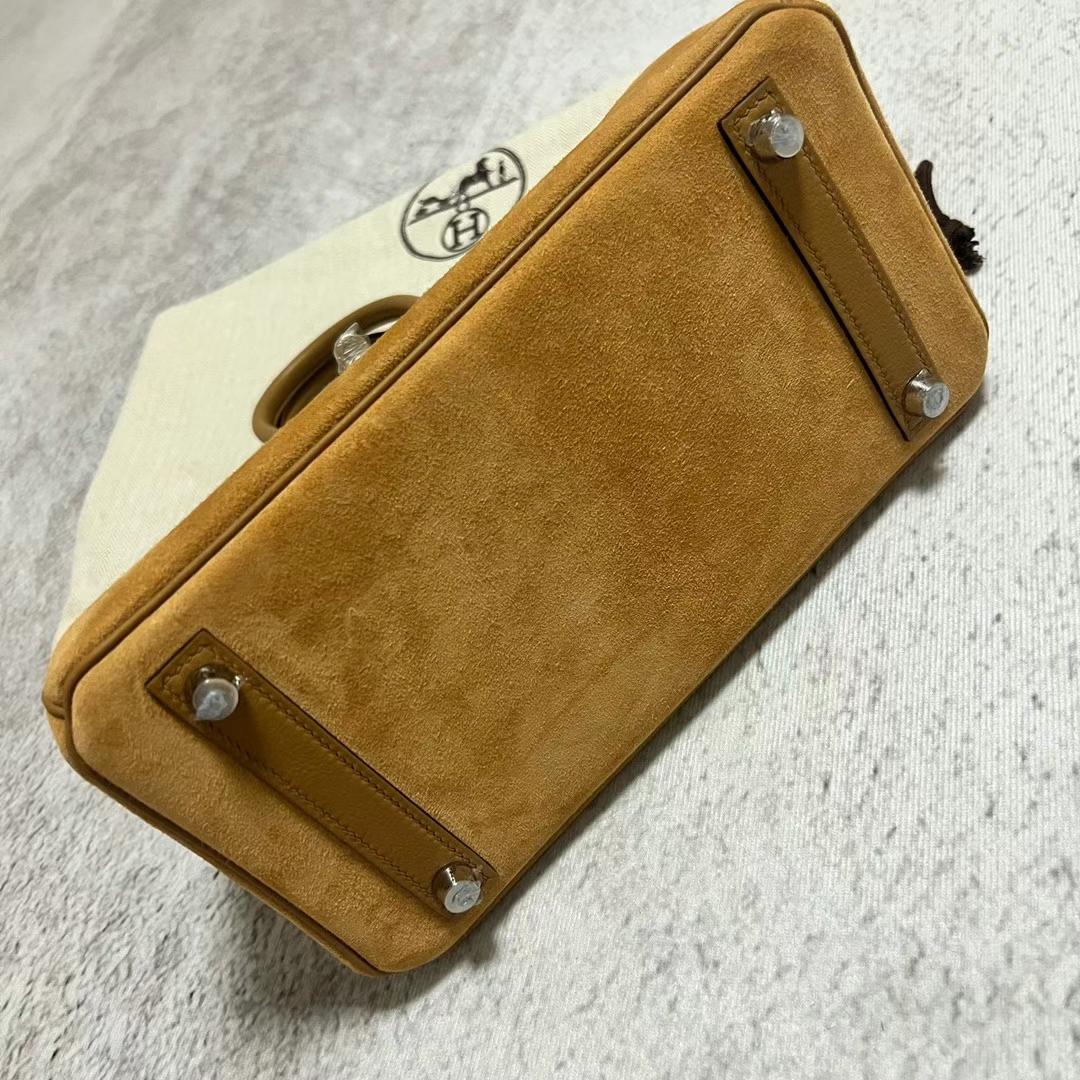 Hermès（爱马仕）Birkin 铂金包 麂皮 拼 Swift皮 4B 饼干色 银扣 25cm 全手工蜡线缝制