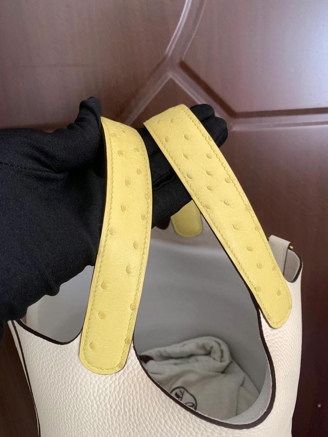 Hermès（爱马仕）Picotin Touch Clemence 拼 Ostrich i2 奶油白 拼 糖果黄 金扣 18cm