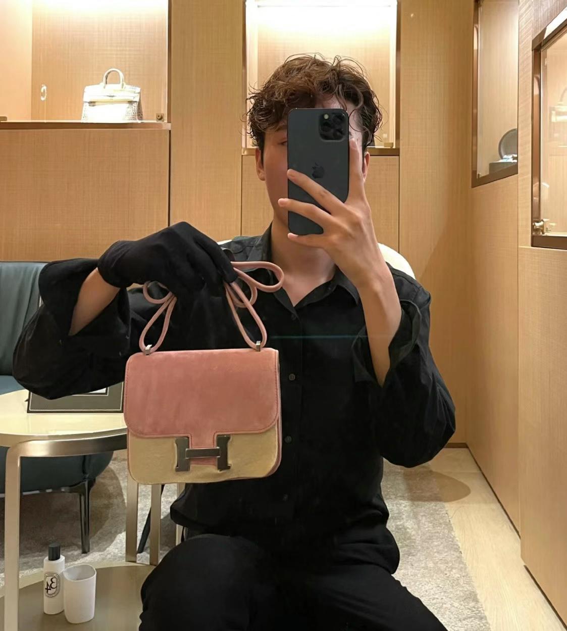 Hermès（爱马仕）Constance 康康 麂皮 Suede 5T 玫瑰粉 银扣 19cm 全手工缝制