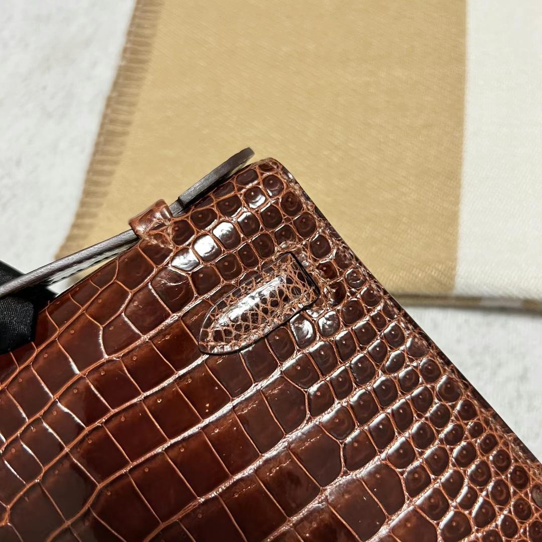 Hermès（爱马仕）Mini Kelly Pochette 亮面倒v澳洲湾鳄 cc31 蜜糖棕 金扣 22cm 全手工蜡线缝制 ghw