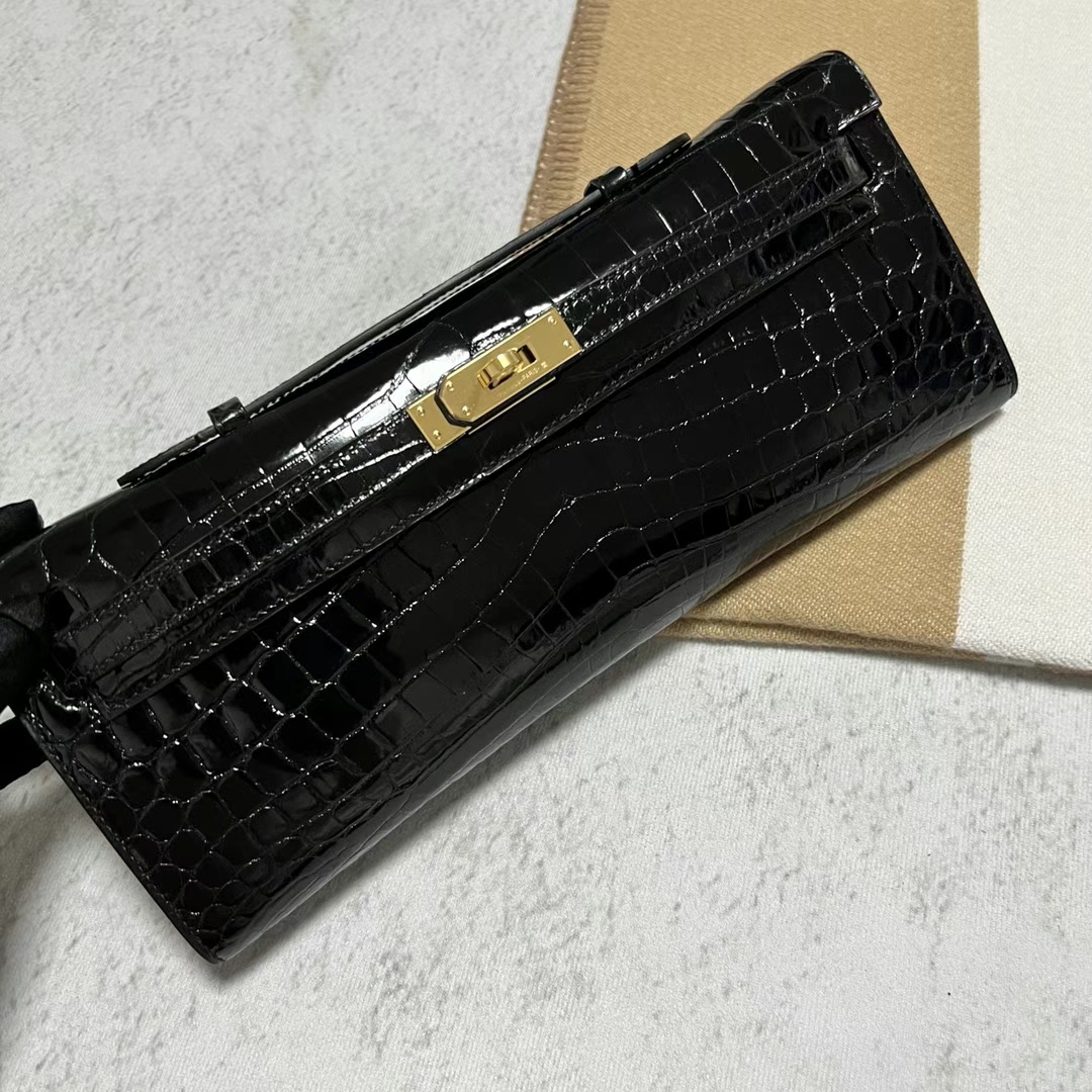 Hermès（爱马仕）Kelly cut 亮面尼罗鳄鱼 Ck89 黑色 金扣 shiny nilo crocodile ghw 31cm