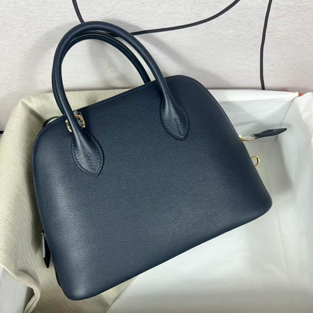 Hermès（爱马仕）Bolide 保龄球包 Evercolor 2z 午夜蓝 金扣 25cm 全手工蜡线缝制 Ghw
