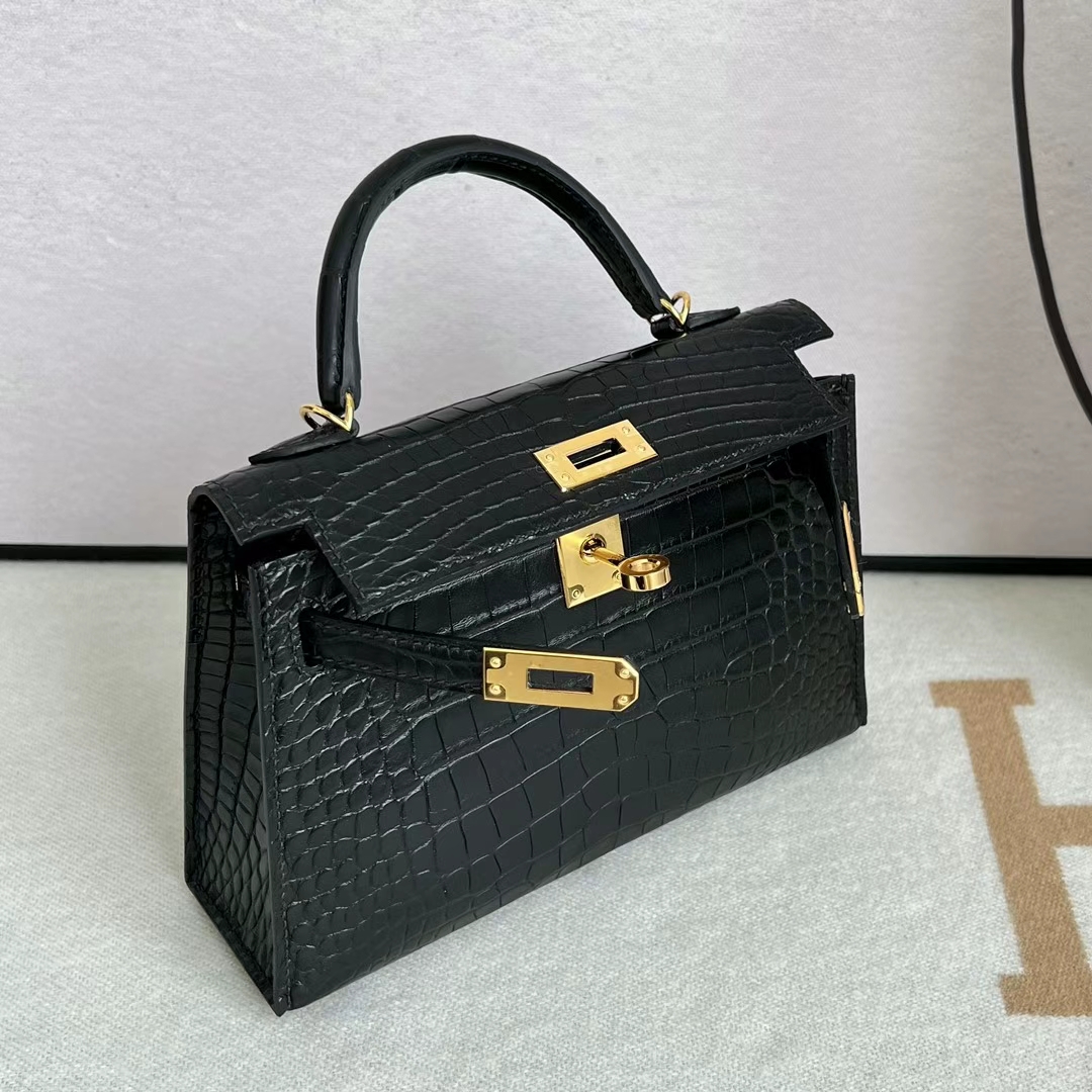 Hermès（爱马仕）Mini Kelly 迷你凯莉 雾面美洲鳄 Matte Alligator Crocodile Ck89 黑色 金扣 19cm