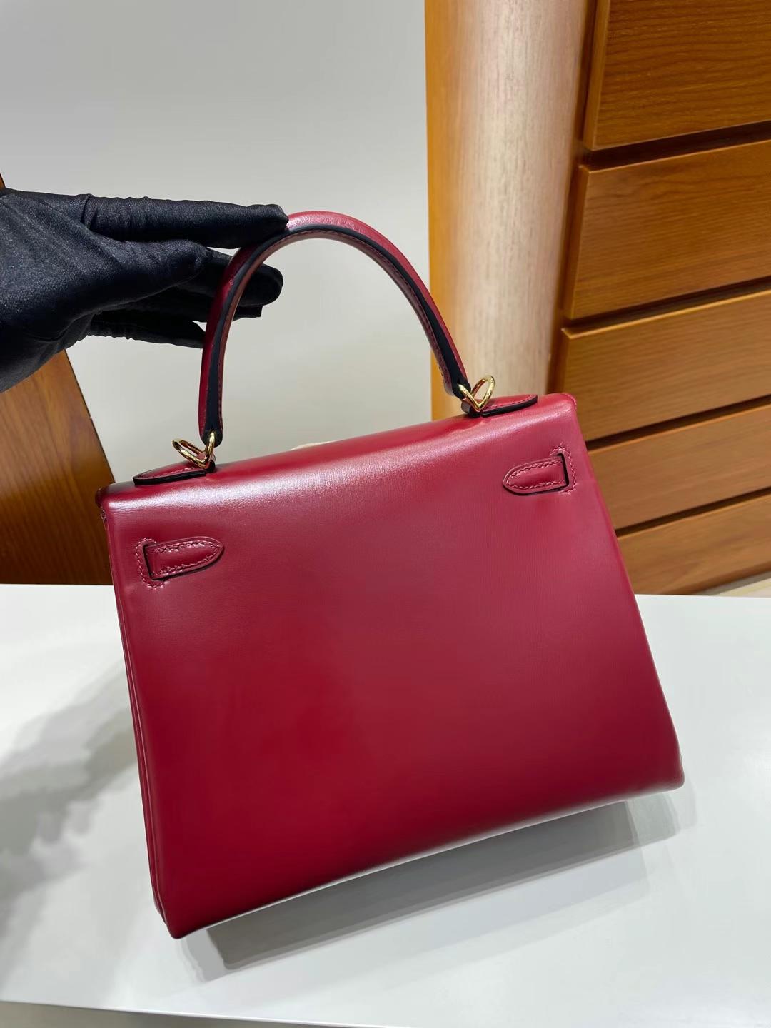 Hermès（爱马仕）Kelly 凯莉包 内缝 Box 酒红色 金扣 25cm 全手工蜡线缝制 Ghw