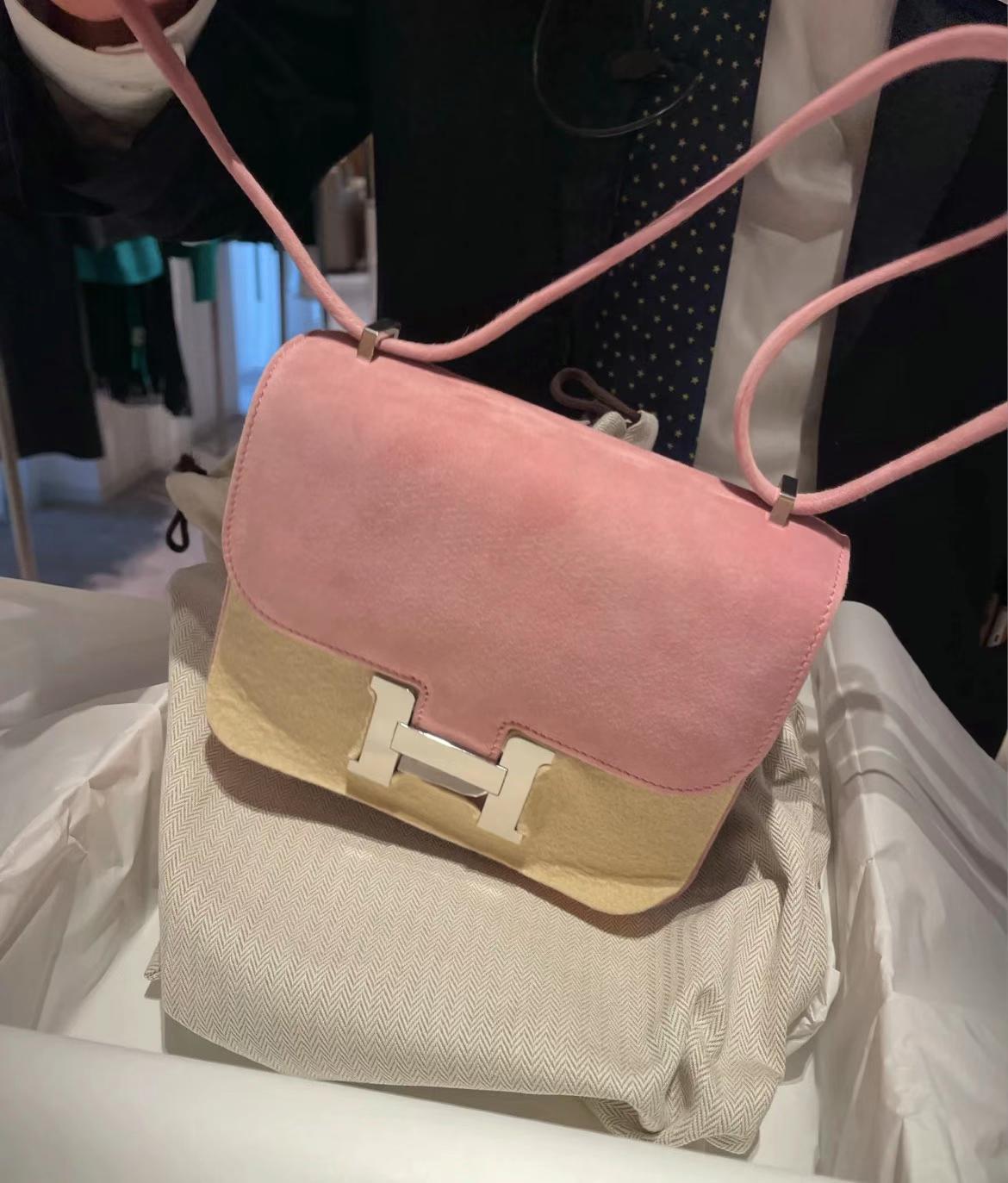 Hermès（爱马仕）Constance 康康 麂皮 Suede 5T 玫瑰粉 银扣 19cm 全手工缝制