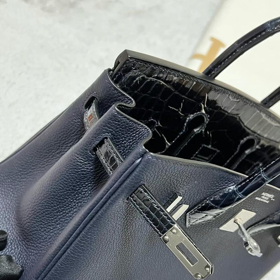 Hermès（爱马仕）Birkin Touch Togo 拼 亮面鳄鱼皮 深海蓝 银扣 25cm