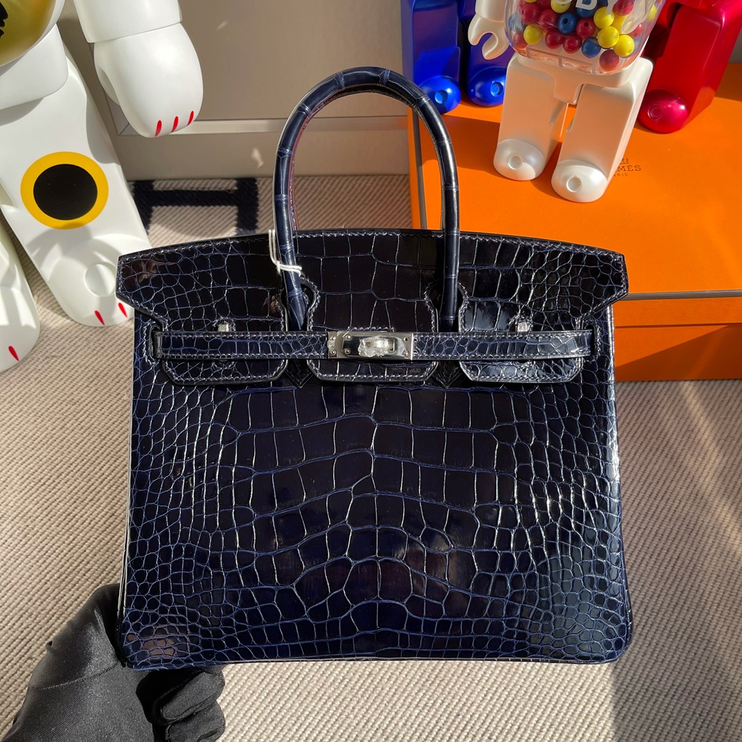 Hermès（爱马仕）Birkin 铂金包 Alligator shiny 亮面鳄鱼 7k 宝石蓝 Blue saphir 银扣 GHW 25cm 顶级手缝