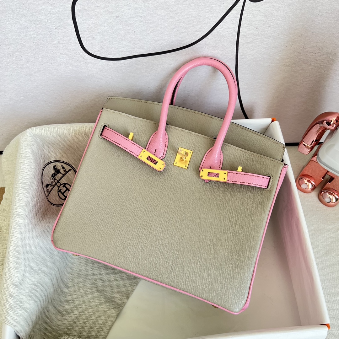 Hermès（爱马仕）Birkin 铂金包 Chevre 山羊皮 斑鸠灰 拼 樱花粉 金扣 25cm 马蹄印 顶级手缝