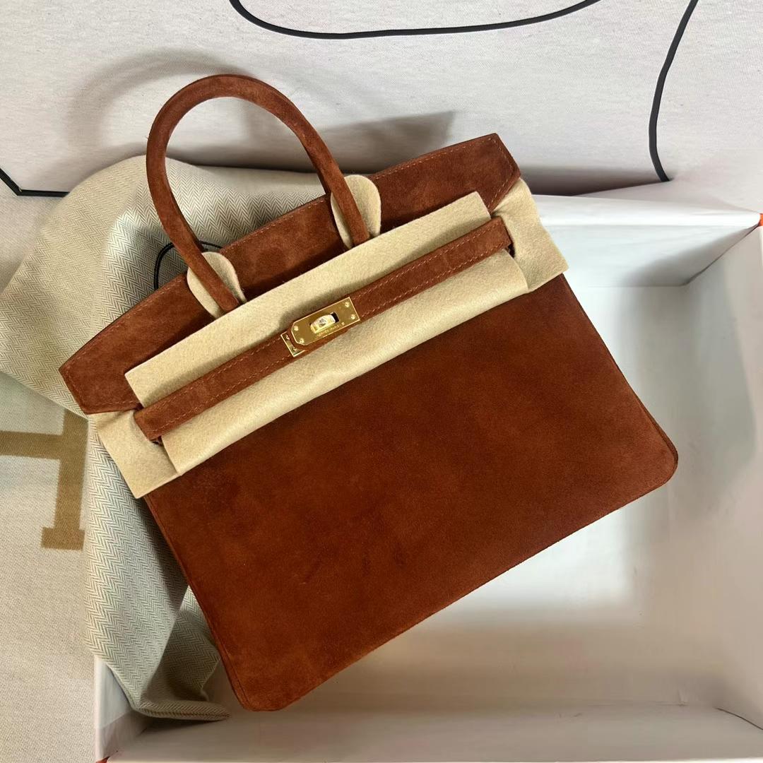 Hermès（爱马仕）Birkin 铂金包 进口麂皮 Suede 泰迪色 金扣 25cm 全手工蜡线缝制 Ghw
