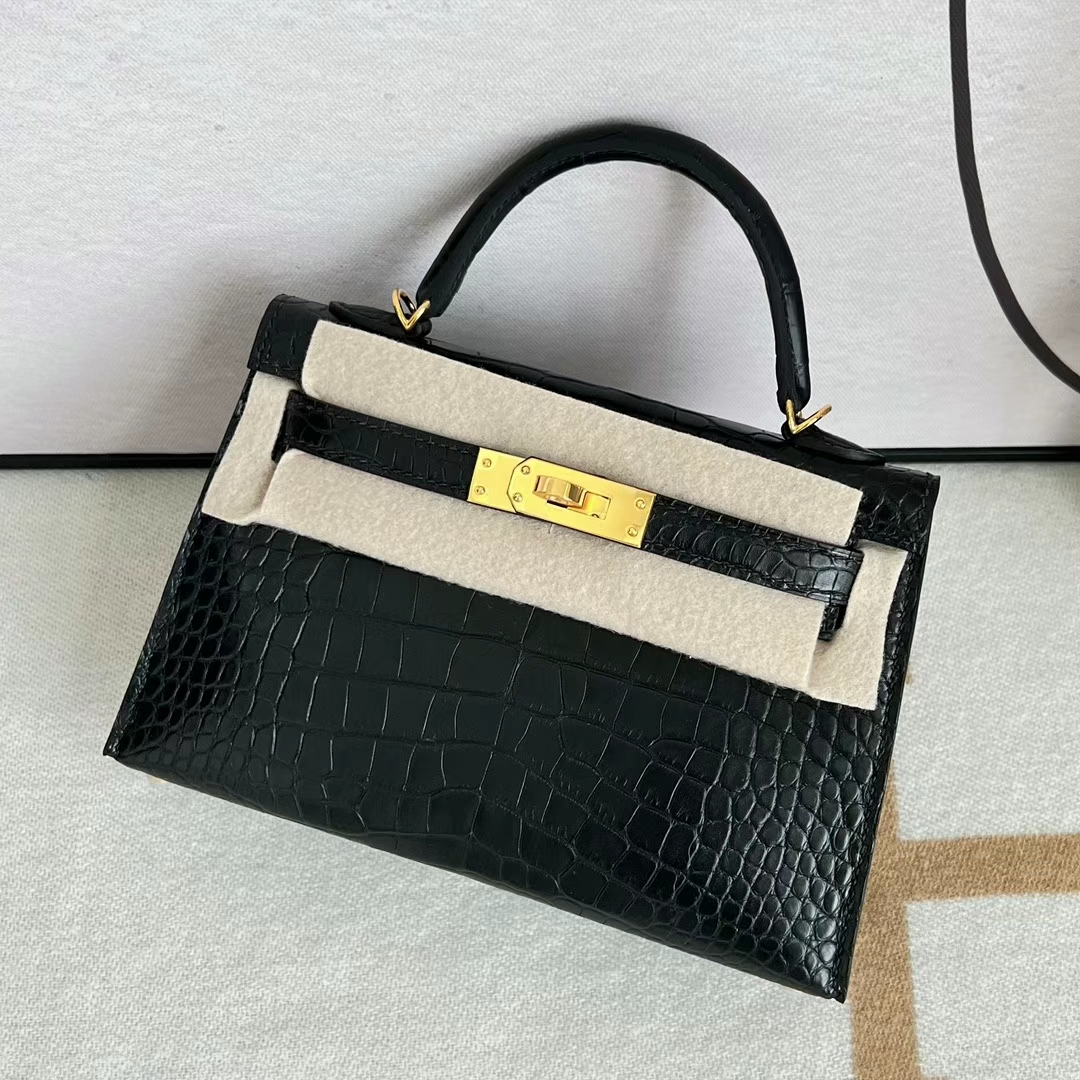 Hermès（爱马仕）Mini Kelly 迷你凯莉 雾面美洲鳄 Matte Alligator Crocodile Ck89 黑色 金扣 19cm