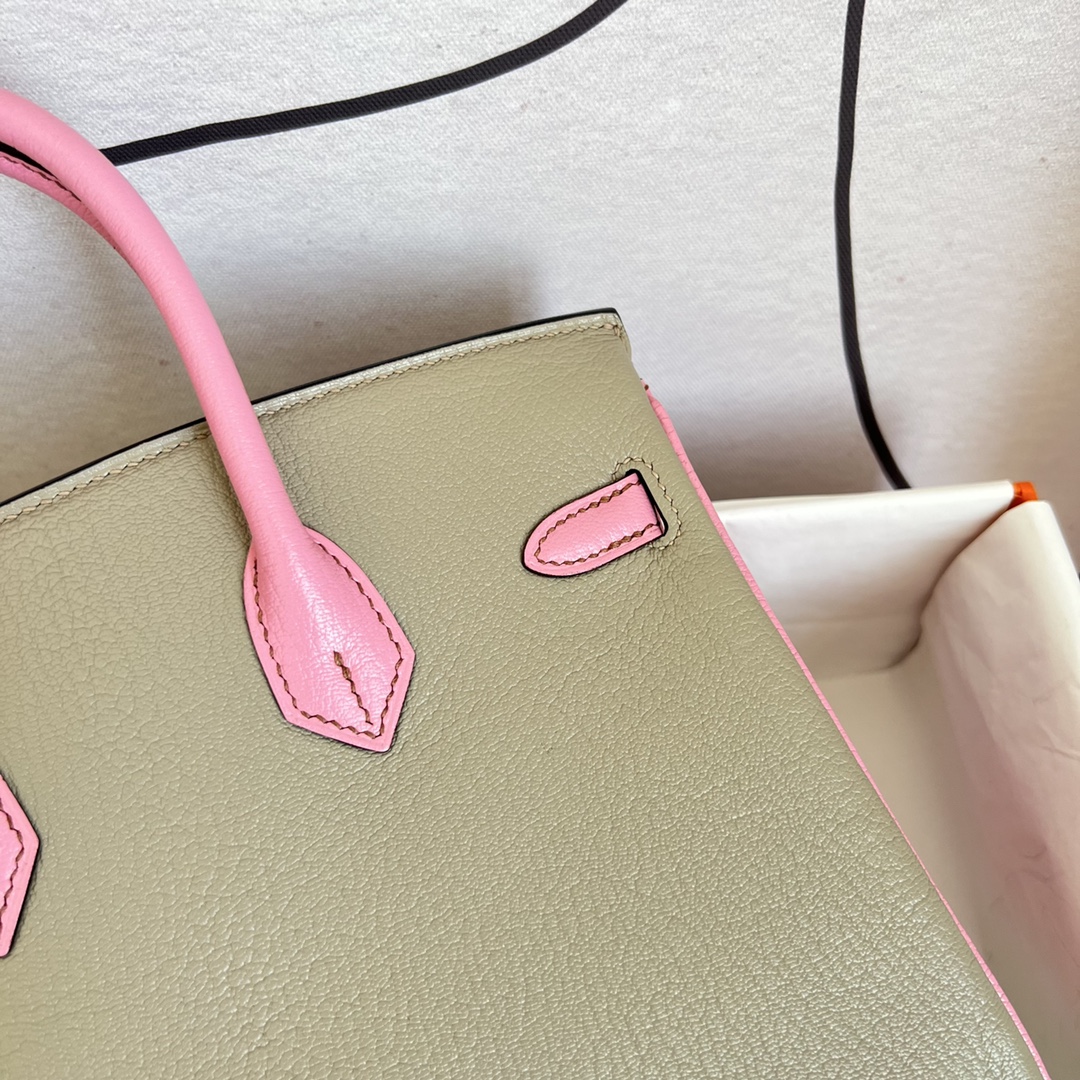 Hermès（爱马仕）Birkin 铂金包 Chevre 山羊皮 斑鸠灰 拼 樱花粉 金扣 25cm 马蹄印 顶级手缝