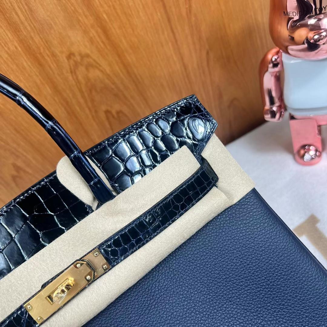 Hermès（爱马仕）Birkin 铂金包 Touch Togo皮 拼 亮面尼罗 2Z 午夜蓝 拼 深海蓝  金扣 30cm