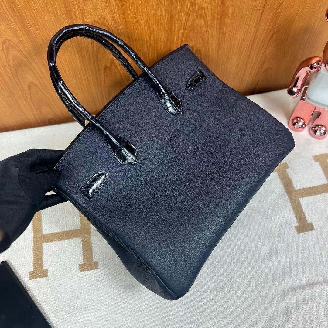 Hermès（爱马仕）Birkin 铂金包 Touch Togo皮 拼 亮面尼罗 2Z 午夜蓝 拼 深海蓝  金扣 30cm