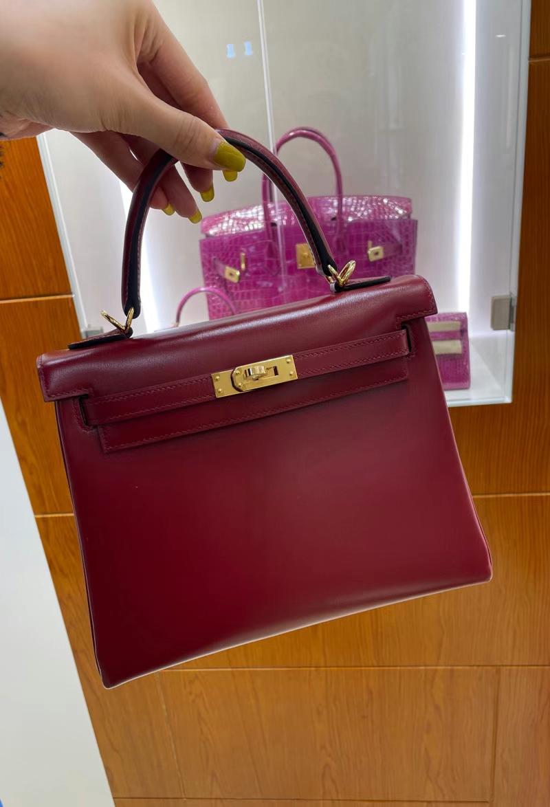 Hermès（爱马仕）Kelly 凯莉包 内缝 Box 酒红色 金扣 25cm 全手工蜡线缝制 Ghw