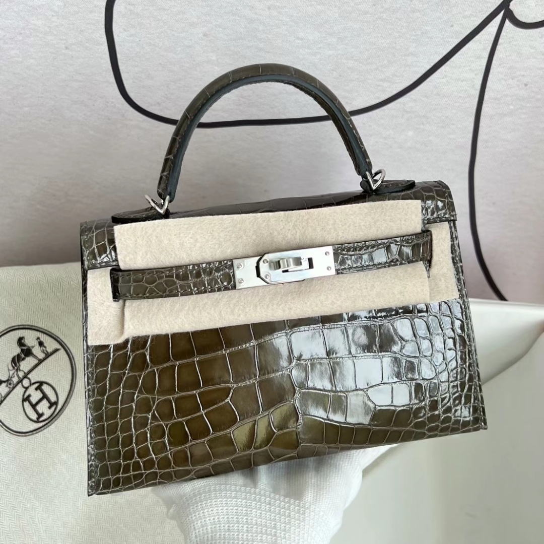 Hermès（爱马仕）Mini Kelly 迷你凯莉 亮面美洲鳄 Shiny Alligator Crocodile 6H 橄榄绿 银扣 PHW 19cm
