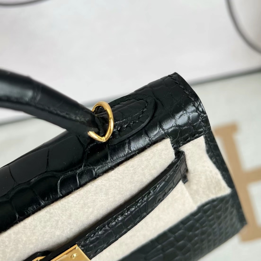 Hermès（爱马仕）Mini Kelly 迷你凯莉 雾面美洲鳄 Matte Alligator Crocodile Ck89 黑色 金扣 19cm
