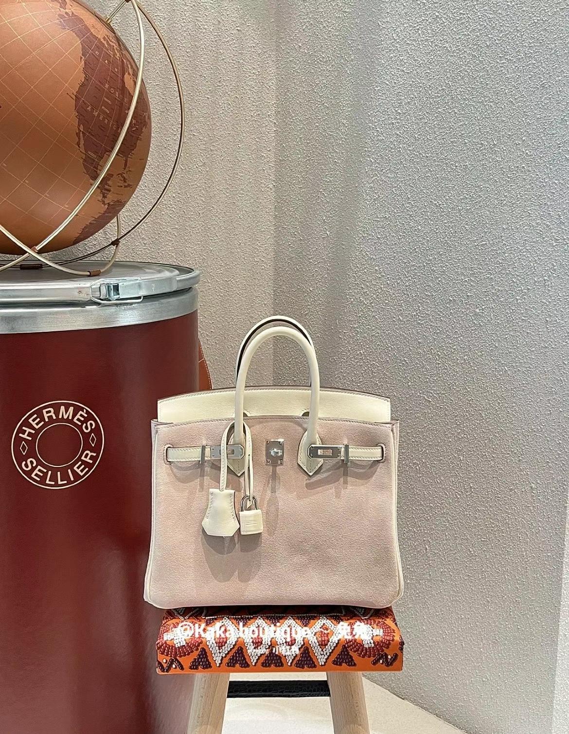 Hermès（爱马仕）Birkin Suede 拼 Swift 香芋色 拼 奶油白 银扣 25cm