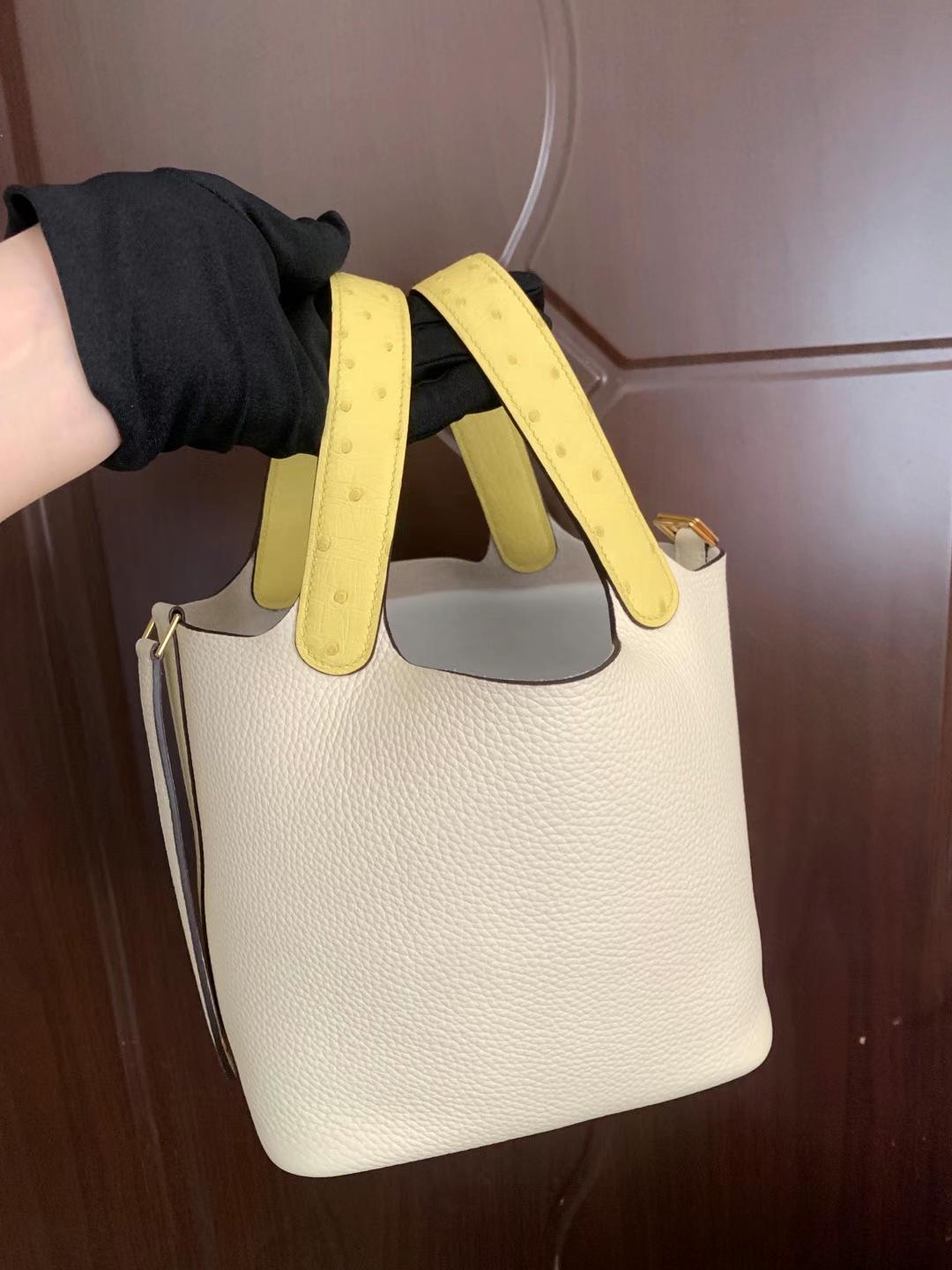 Hermès（爱马仕）Picotin Touch Clemence 拼 Ostrich i2 奶油白 拼 糖果黄 金扣 18cm