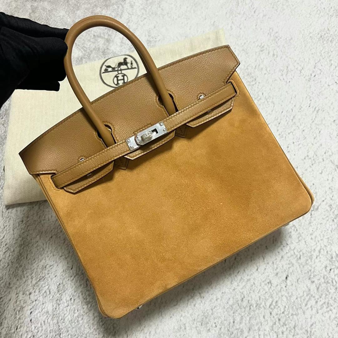 Hermès（爱马仕）Birkin 铂金包 麂皮 拼 Swift皮 4B 饼干色 银扣 25cm 全手工蜡线缝制