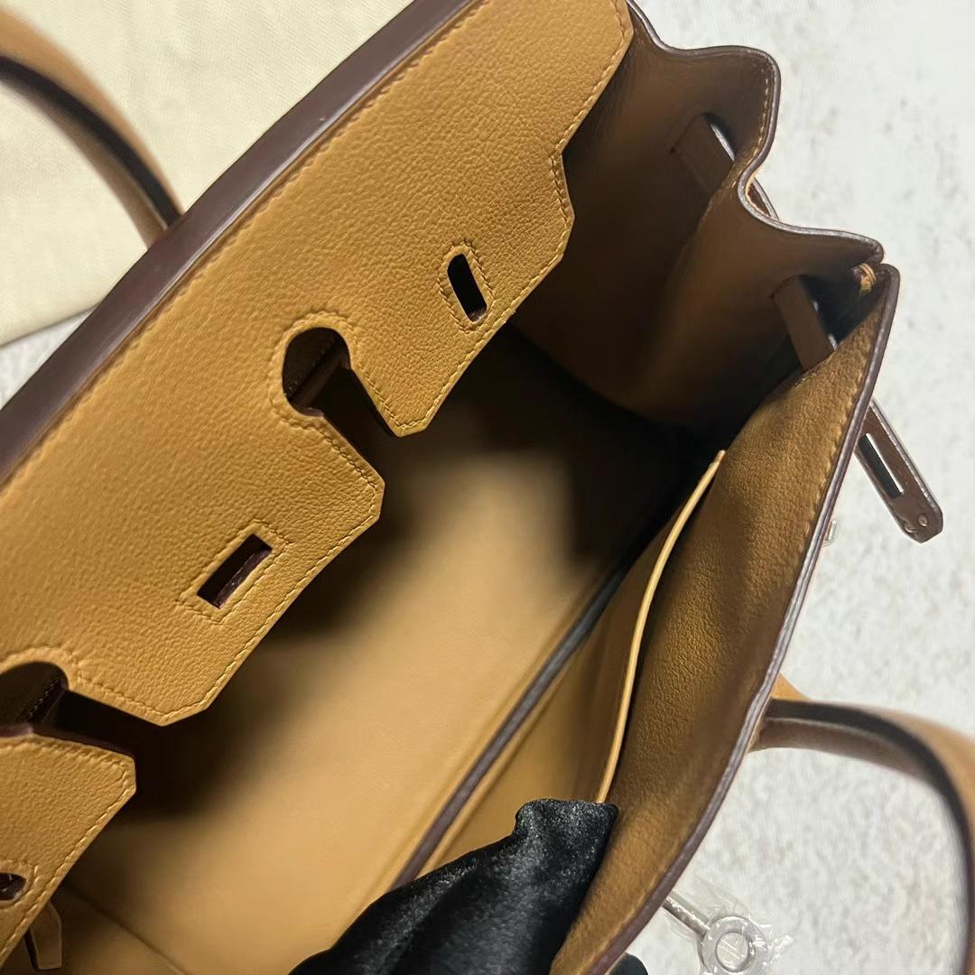 Hermès（爱马仕）Birkin 铂金包 麂皮 拼 Swift皮 4B 饼干色 银扣 25cm 全手工蜡线缝制