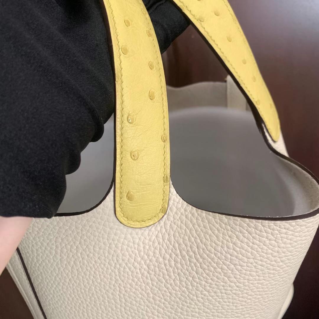 Hermès（爱马仕）Picotin Touch Clemence 拼 Ostrich i2 奶油白 拼 糖果黄 金扣 18cm