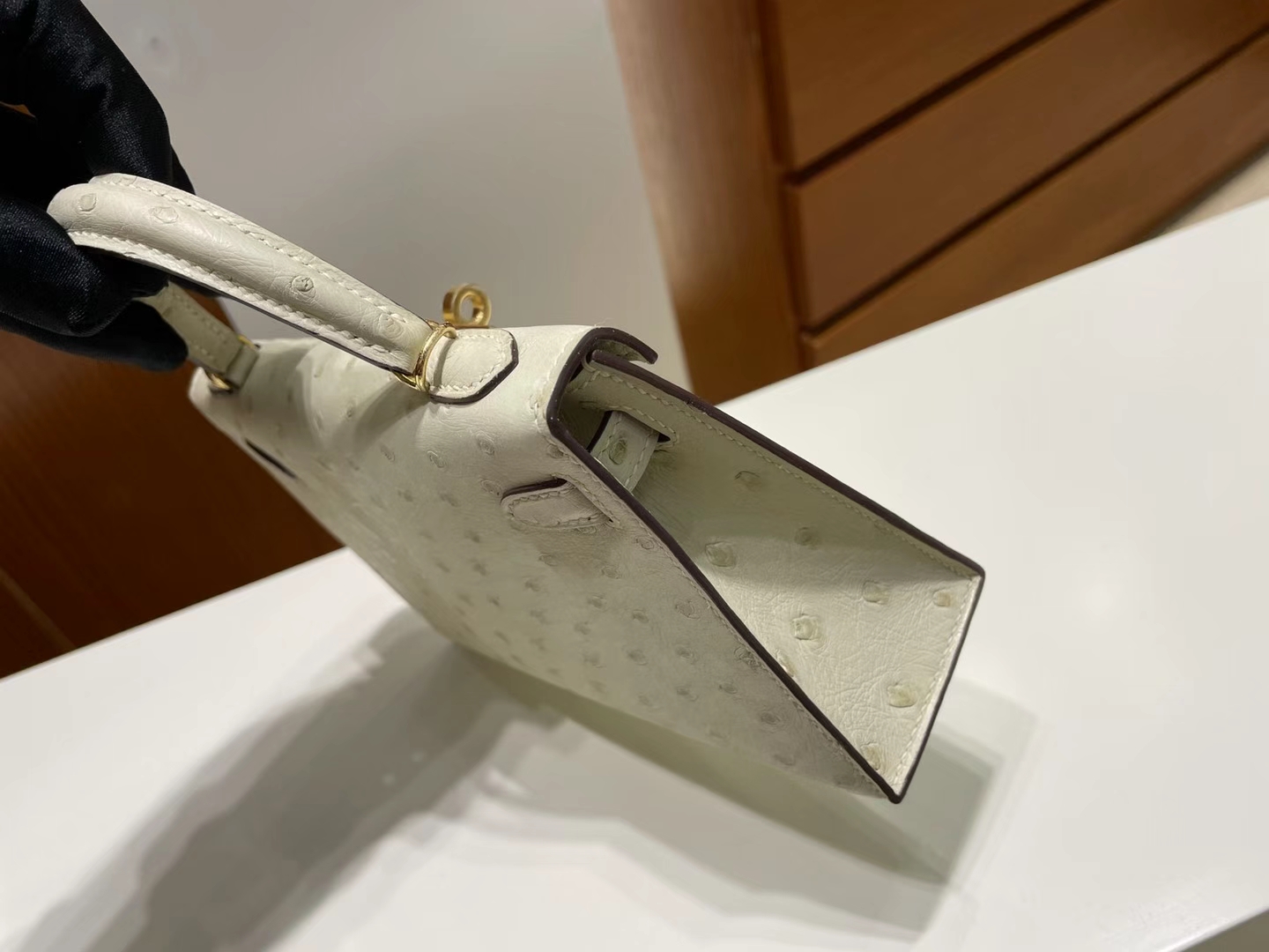 Hermès（爱马仕）Mini Kelly Ostrich 原厂kk 进口鸵鸟皮 3C 羊毛白 金扣 19cm