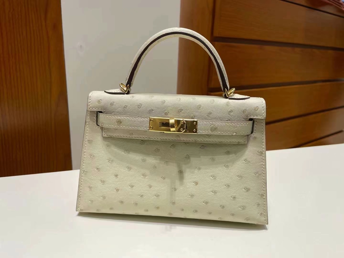 Hermès（爱马仕）Mini Kelly Ostrich 原厂kk 进口鸵鸟皮 3C 羊毛白 金扣 19cm