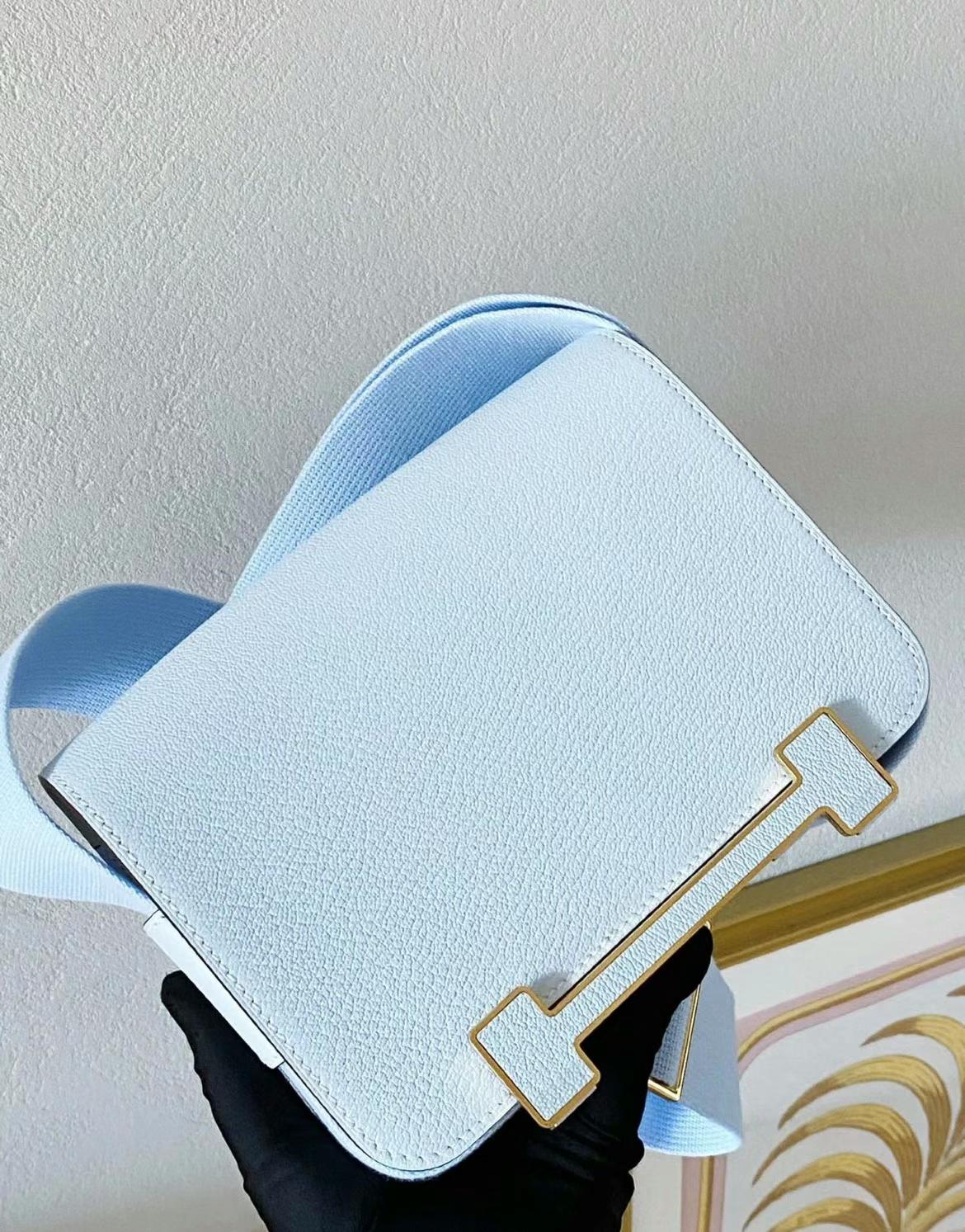 Hermès（爱马仕）Geta 木屐包 Chevre T0 雾蓝色 金扣 20cm 可预定
