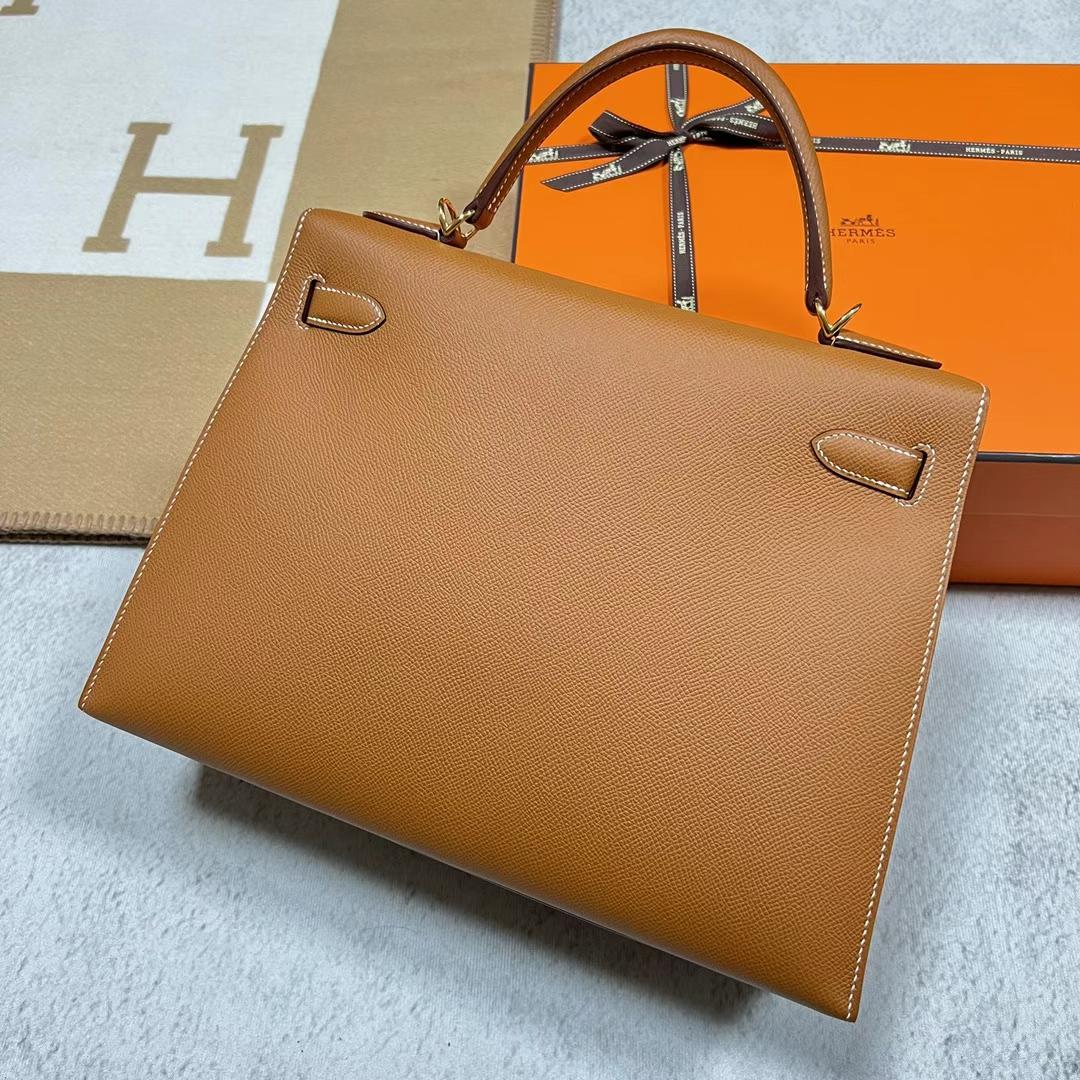 Hermès（爱马仕）Kelly 凯莉包 Epsom Ck37 金棕色 金扣 32cm 全手工蜡线缝制 Ghw