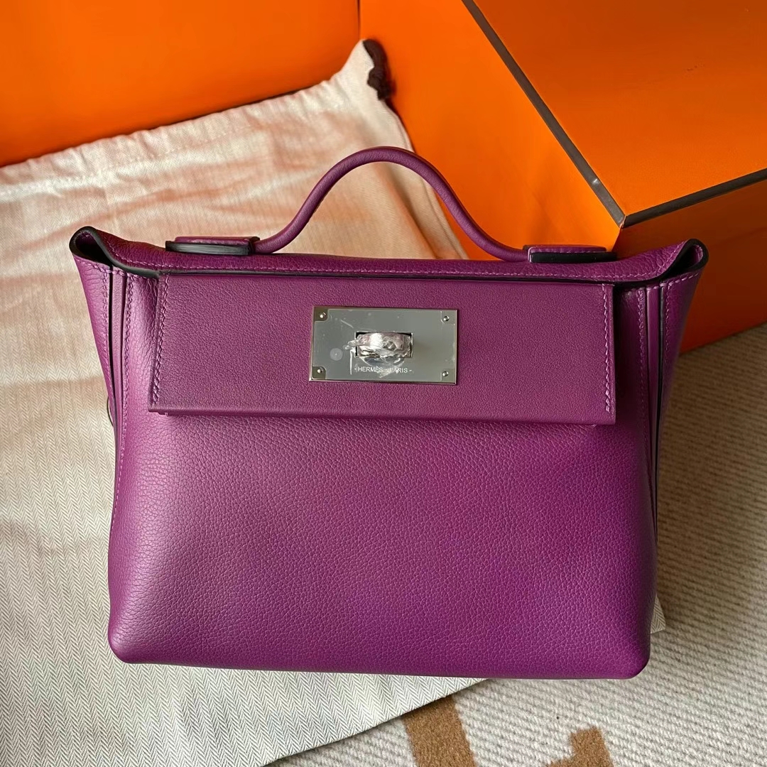 Hermès（爱马仕）Mini kelly 2424 Evercolor 拼 Swift P9 海葵紫 银扣 21cm 全手工蜡线缝制 Phw