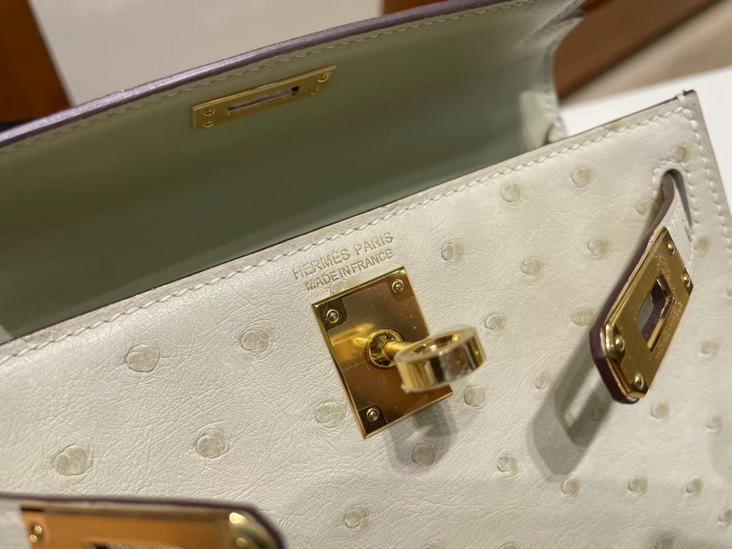 Hermès（爱马仕）Mini Kelly Ostrich 原厂kk 进口鸵鸟皮 3C 羊毛白 金扣 19cm