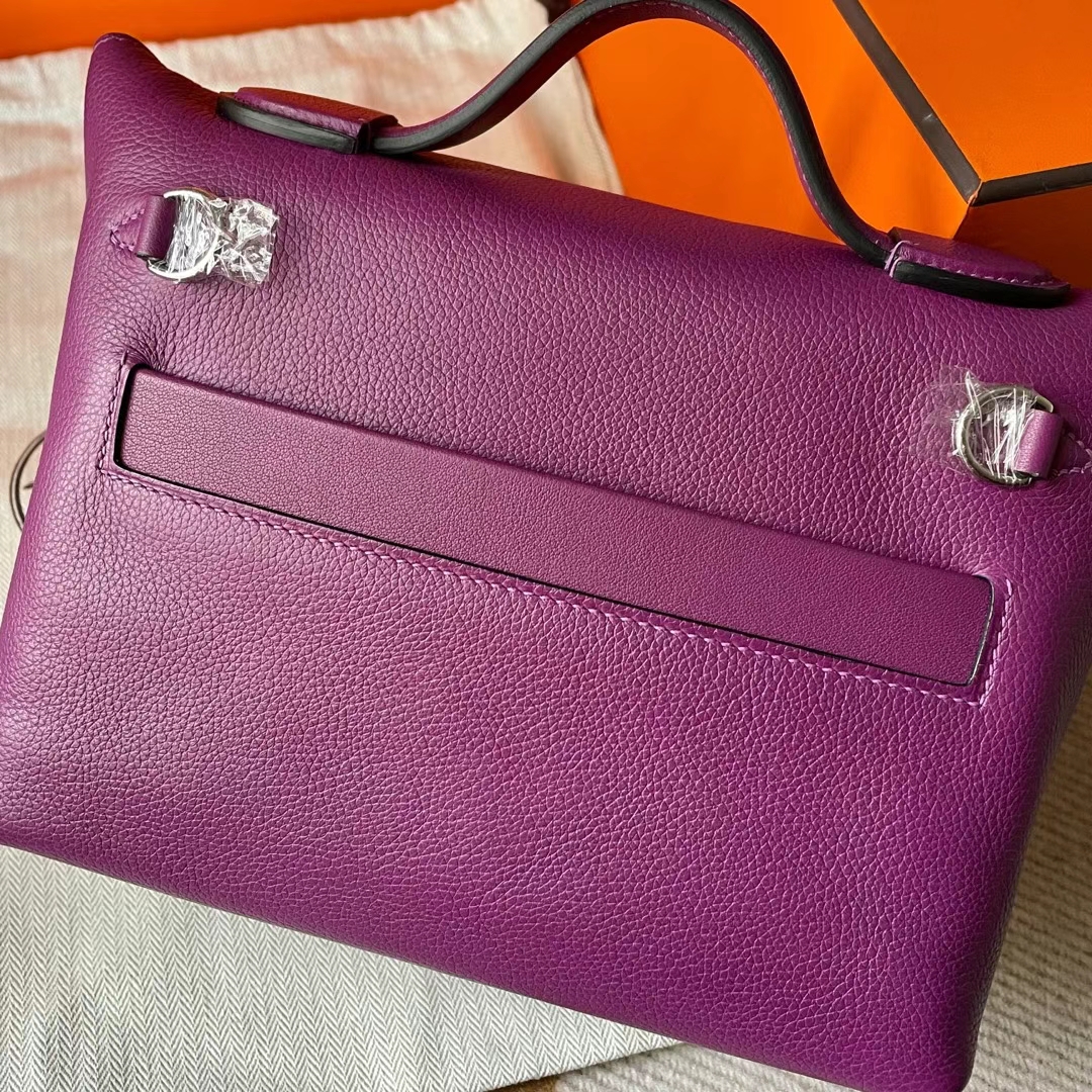 Hermès（爱马仕）Mini kelly 2424 Evercolor 拼 Swift P9 海葵紫 银扣 21cm 全手工蜡线缝制 Phw