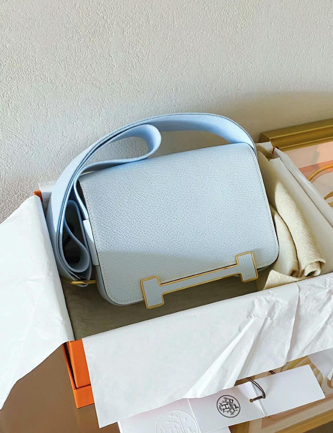 Hermès（爱马仕）Geta 木屐包 Chevre T0 雾蓝色 金扣 20cm 可预定