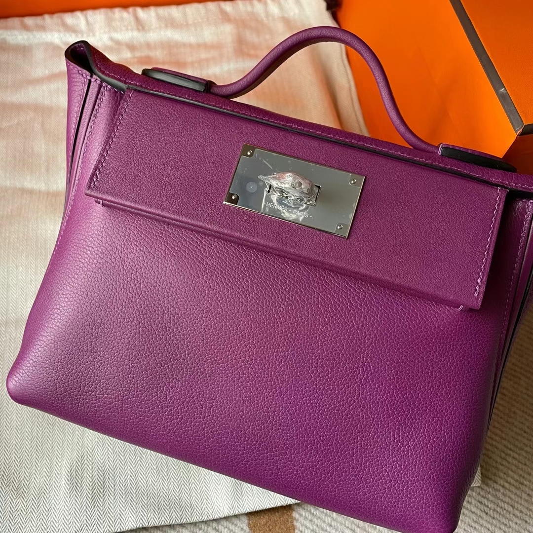 Hermès（爱马仕）Mini kelly 2424 Evercolor 拼 Swift P9 海葵紫 银扣 21cm 全手工蜡线缝制 Phw