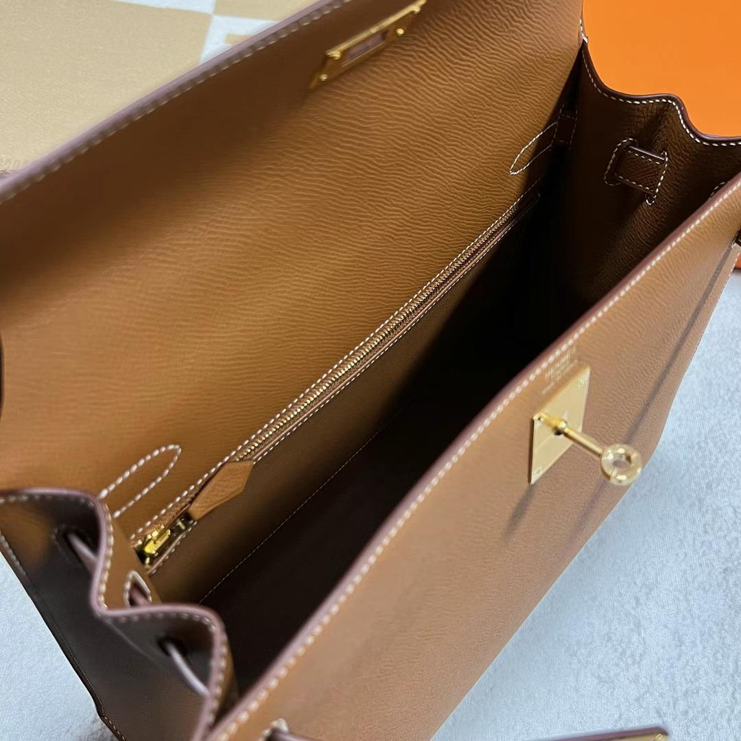 Hermès（爱马仕）Kelly 凯莉包 Epsom Ck37 金棕色 金扣 32cm 全手工蜡线缝制 Ghw