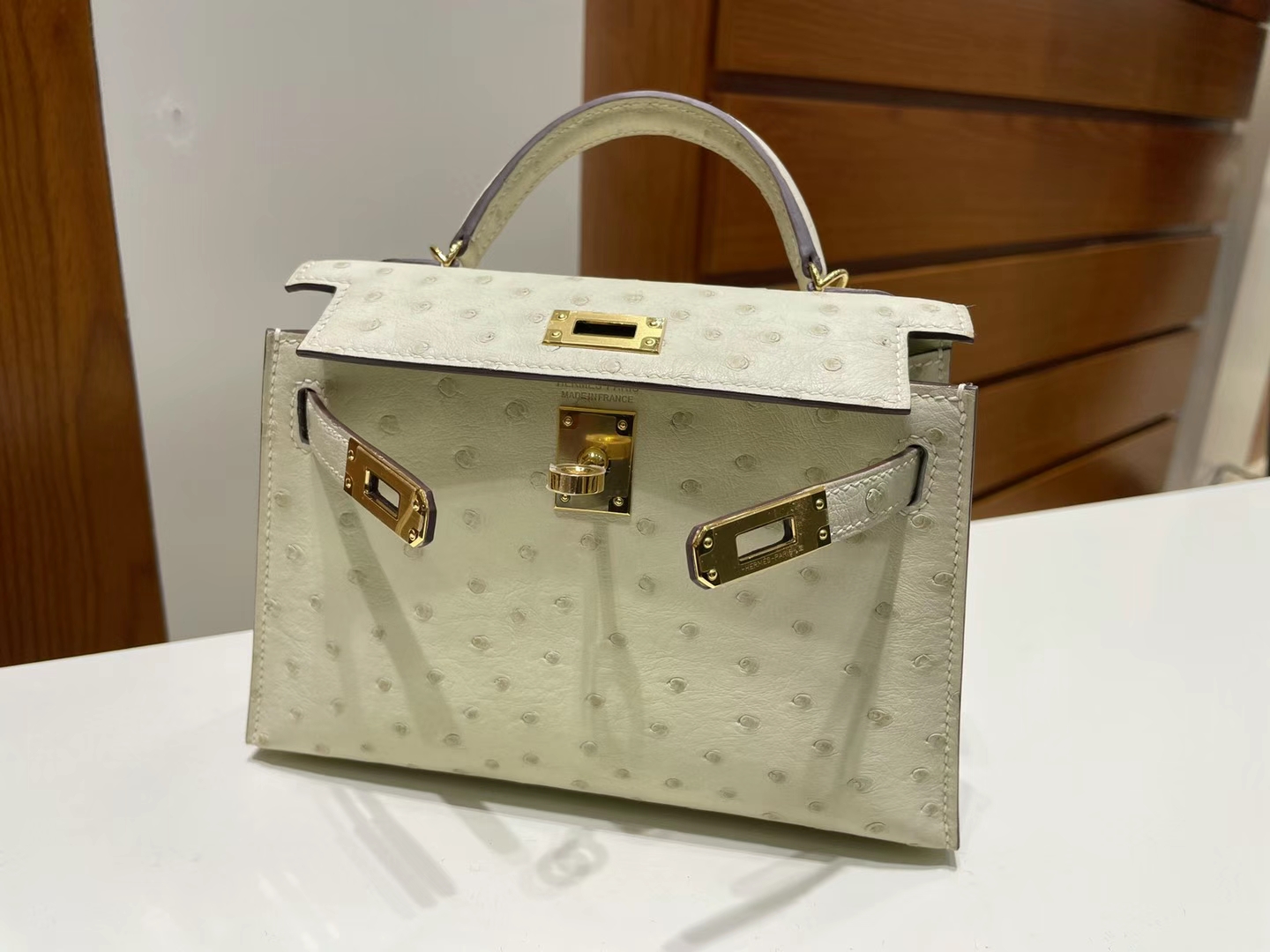 Hermès（爱马仕）Mini Kelly Ostrich 原厂kk 进口鸵鸟皮 3C 羊毛白 金扣 19cm