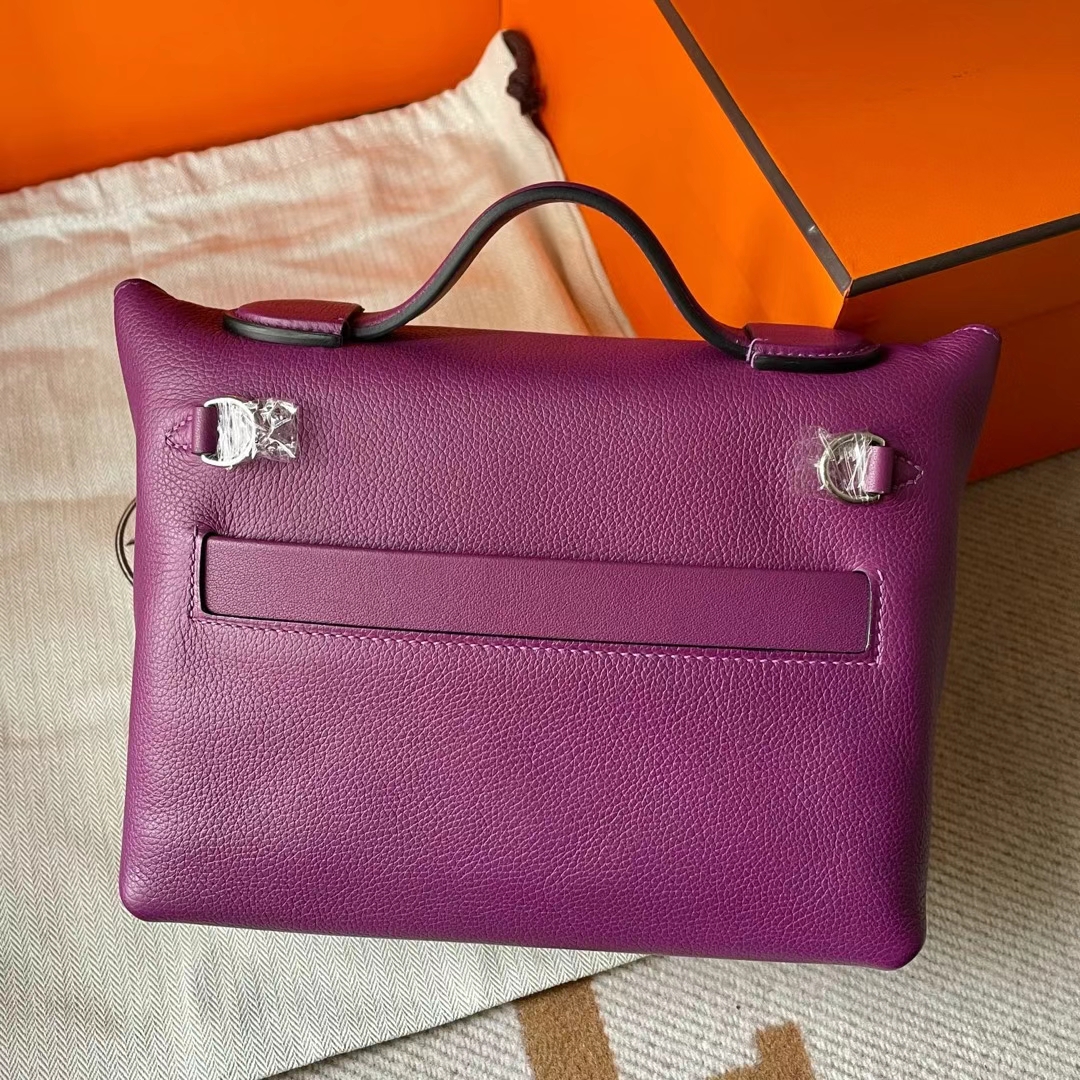 Hermès（爱马仕）Mini kelly 2424 Evercolor 拼 Swift P9 海葵紫 银扣 21cm 全手工蜡线缝制 Phw