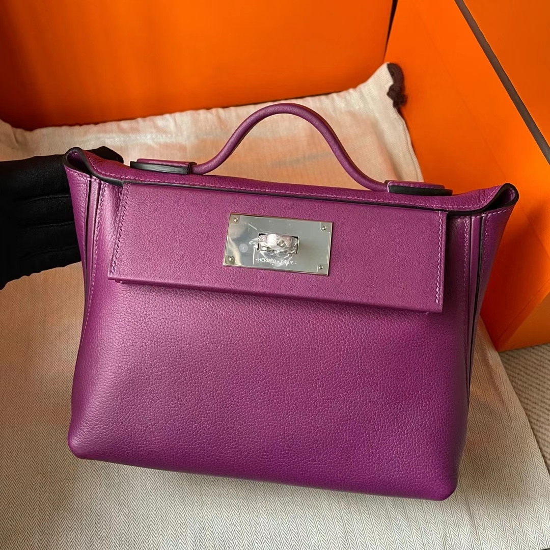 Hermès（爱马仕）Mini kelly 2424 Evercolor 拼 Swift P9 海葵紫 银扣 21cm 全手工蜡线缝制 Phw
